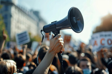 Arm raised holding megaphone over crowd of people in the street.