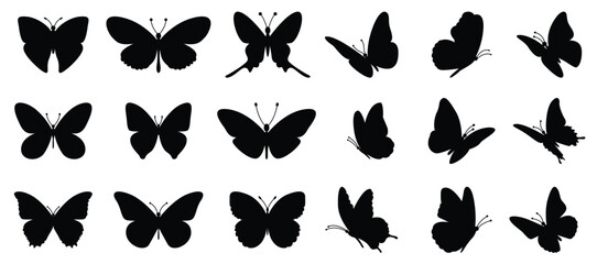 Flying butterflies silhouette black set isolated on transparent background. Vector illustration. - obrazy, fototapety, plakaty