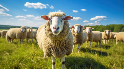 Obraz premium Closeup of a sheep with sheep herd in the field in the warming light of sunrise.