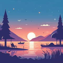 Free vector Sunset sky background with sea and beach flat vector illustration