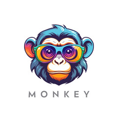 Creative colorful funny monkey mascot logo.
Chimpanzee with sunglasses on colorful gradient, cartoon style, digital vector illustration.