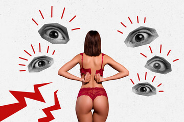 Collage picture of adorable lovely girl wearing red lace lingerie isolated on drawing background