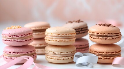 Obraz na płótnie Canvas Stack of French Macarons with Ribbons and Boxes, To provide a visually appealing and appetizing image of French macarons for use in bakery, dessert,