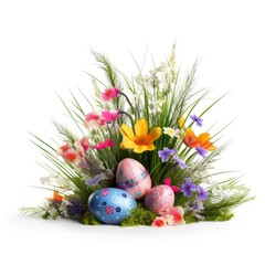 background flat lay with pastel-colored Easter eggs, grnerative ai