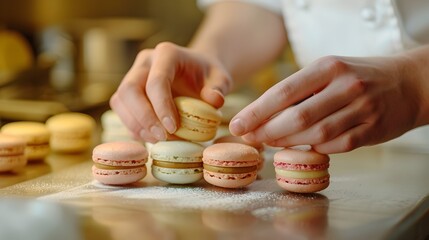 Chef Making Colorful Macarons, To showcase the artistry and technique of making French macarons for food and cooking inspiration, stock photography,
