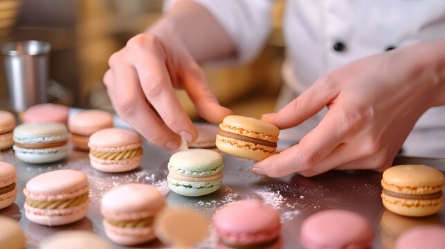 Chef Preparing Colorful Macarons, To provide an appealing and visually stunning image of a chef preparing macarons, showcasing the delicate details