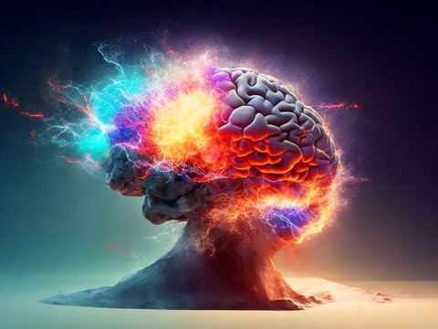Concept art of a human brain bursting with knowledge and creativity