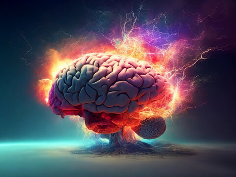 Concept art of a human brain bursting with knowledge and creativity