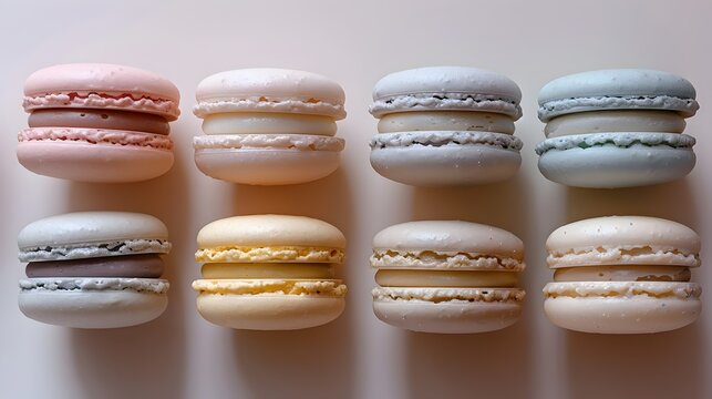 Line of Colorful Macarons in Pastel Shades, To showcase a tempting and delicious assortment of macarons in a variety of colors and styles for use in