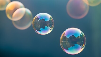 Floating soap bubbles with iridescent colors reflecting the sky, amidst a blurred background.