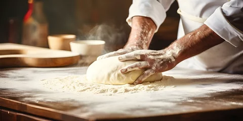Zelfklevend Fotobehang Chef kneading dough for an authentic pizza in a pizzeria kitchen. Concept Cooking, Food, Pizza, Kitchen, Authentic © Ян Заболотний