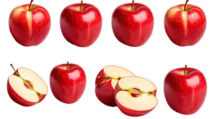 Red apple apples, many angles and view side top sliced halved cut isolated on transparent background.