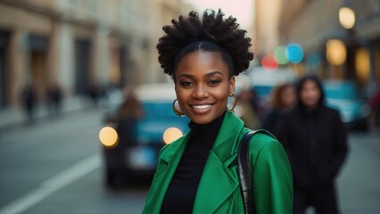 Fashion portrait. Black woman wearing green high fashion clothing