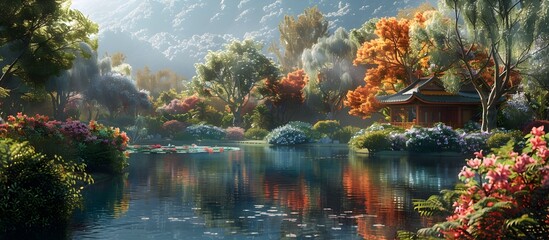 Fototapeta na wymiar 3D Wallpaper of Layered Floral Landscape, To provide a visually stunning and realistic 3D rendering of a pond and flower garden for use as a