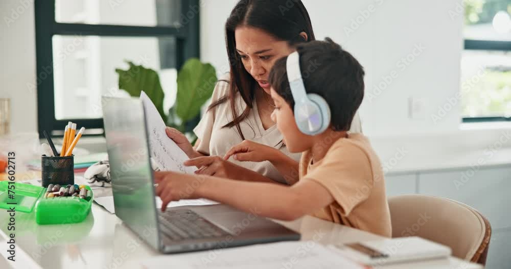 Canvas Prints Child, laptop and home with education, elearning and growth for future and knowledge. Computer, student and kitchen for technology, studying and virtual or online school for development or assessment