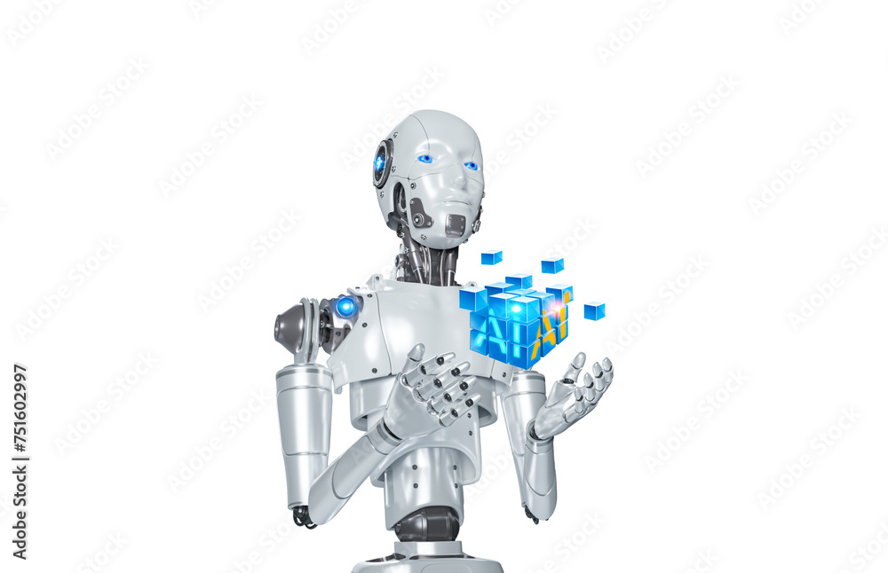 Poster Humanoid robot holding many little cube blocks that are merging into cubic shape with artificial Intelligence symbol isolated on white background with clipping path, 3D rendering illustration