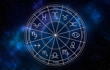 Zodiac wheel showing 12 signs against night starry sky