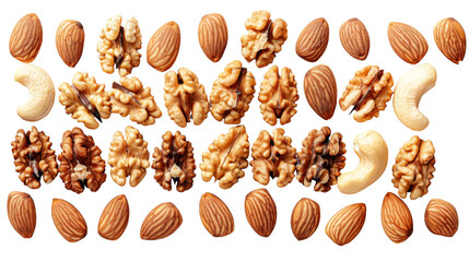 Assortment of nuts laid out on a white background