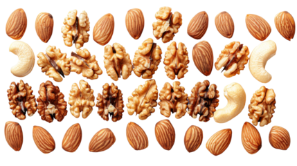Assortment of nuts laid out on a white background