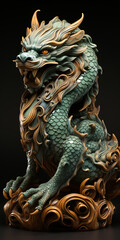 A large green dragon statue with gold accents. The dragon has a menacing look and is surrounded by a dark background