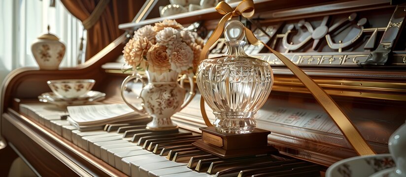 Timeless Beauty Piano with Tea and Flowers, To provide a visually appealing and serene image of a classic piano with warm and comforting elements,