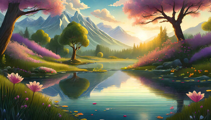 Detailed illustration of landscape with lake, mountains, green forest and blooming flowers.