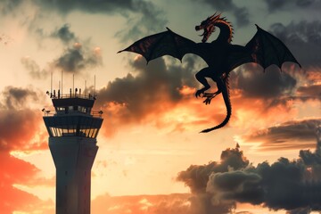 A dragon circling above an airport control tower - obrazy, fototapety, plakaty