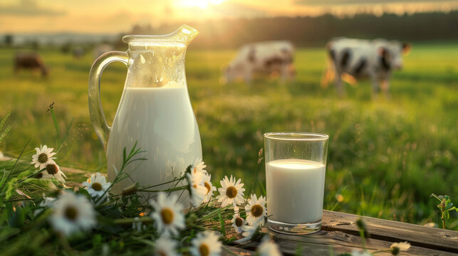 broc rempli de lait avec un verre et des p&acirc;querettes pos&eacute;es sur une table en bois, vaches dans un pr&eacute; &agrave; l'arri&egrave;re plan