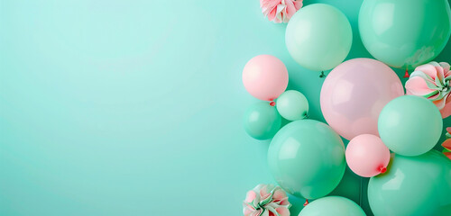A whimsical mix of mint green and soft pink balloons, bobbing against a turquoise background