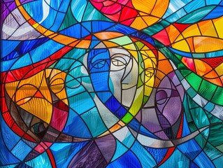 Renaissance inspired stained glass colorful and divine figures intertwined
