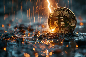 A bitcoin is sitting on a wet surface