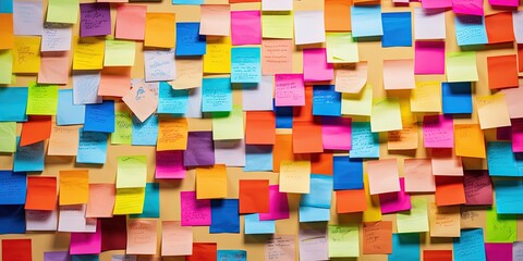 Many colorful, sticky notes, or adhesive notes on a wall or bulletin board. - Powered by Adobe