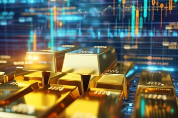Stacks of gold coins and gold bars on a financial chart with candlestick patterns indicating market trends.