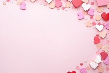 Fototapeta na wymiar Assorted hearts and confetti on a soft pink backdrop.