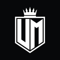 UM Logo monogram bold shield geometric shape with crown outline black and white style design