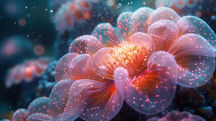 Fototapeta na wymiar Unreal flower-like creature close-up underwater