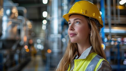 A woman in a hard hat looks proudly at a factory that produces hydrogen and creates electrolyzers. Stainless steel tanks.