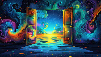 Fantasy Concept Art with Cosmic Swirls and Open Door - Doors to Perception Concept - obrazy, fototapety, plakaty