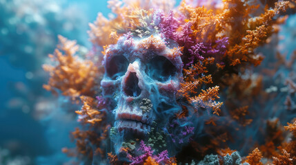 A surreal underwater scene with a human skull encrusted with vibrant coral - obrazy, fototapety, plakaty