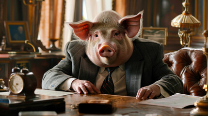 Corrupt politician depicted as a pig sitting at his desk in office - obrazy, fototapety, plakaty