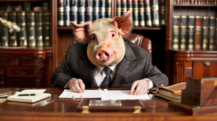 Corrupt politician depicted as a pig sitting at his desk in office - obrazy, fototapety, plakaty
