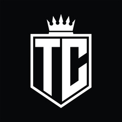 TC Logo monogram bold shield geometric shape with crown outline black and white style design