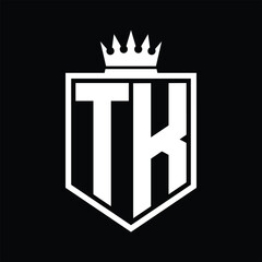 TK Logo monogram bold shield geometric shape with crown outline black and white style design