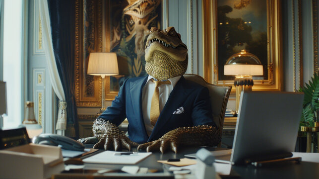 Scary, cold-blooded, heartless corporate boss depicted as crocodile or alligator in his office