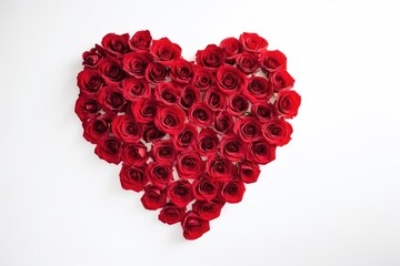 A heart-shaped arrangement of vibrant red roses on a white background.
