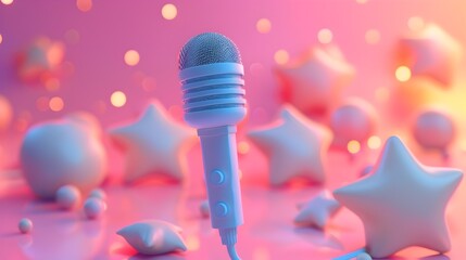Fototapeta na wymiar Kawaii-style 3D Rendered Microphone Against a Starry Backdrop, To provide a unique and visually appealing stock photo of a microphone for use in