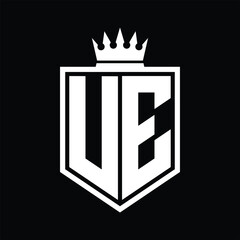 UE Logo monogram bold shield geometric shape with crown outline black and white style design