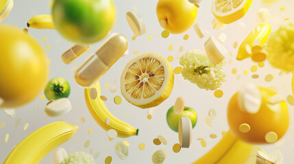 Assorted flying fruits and vegetables in 3D ing apple, banana, lemon, and more, on white background
