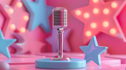 Fototapeta na wymiar Retro Microphone Against a Starry Pink Backdrop, To provide a visually appealing and professional image for use in marketing materials related to