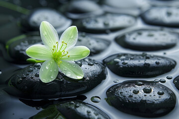 Fototapeta na wymiar Tranquil Green Flower on Wet Black Stones